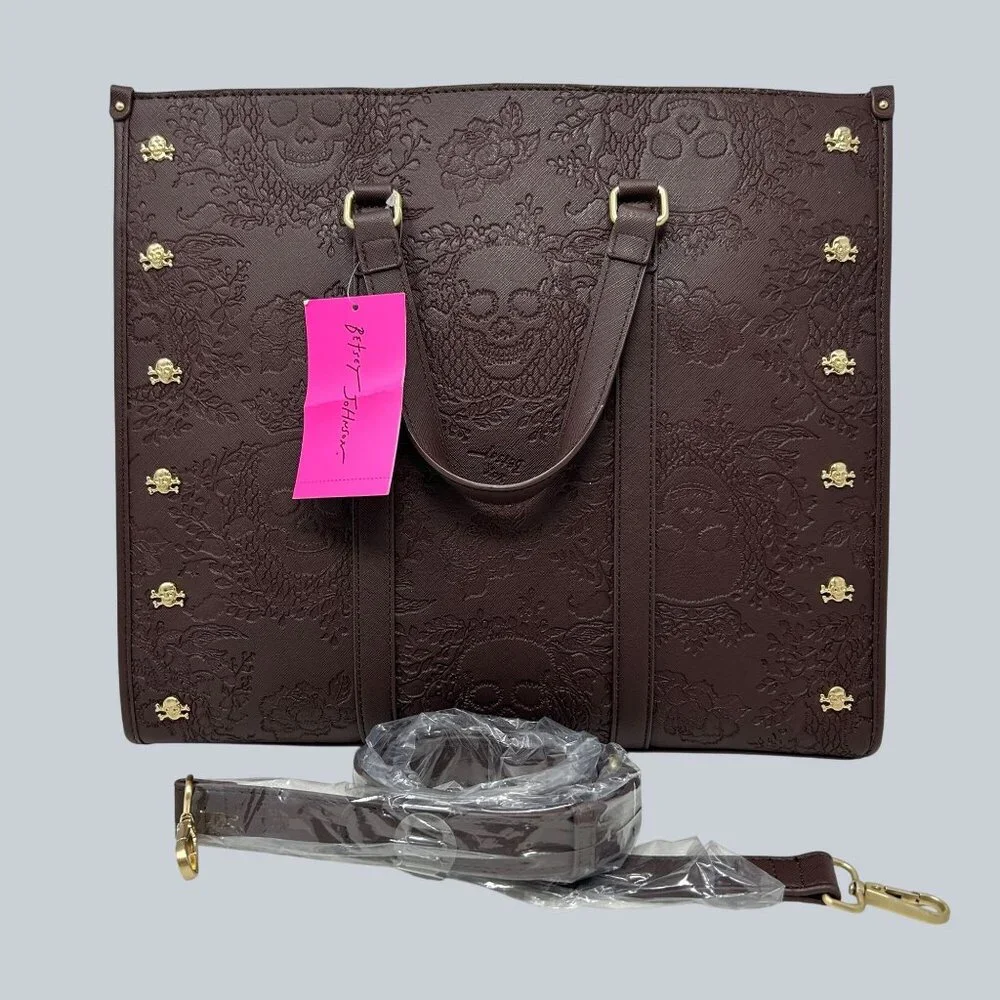Betsey Johnson Brown Embossed Skull Tote Bag Gold Accents & Detachable Strap - Picture 2 of 12